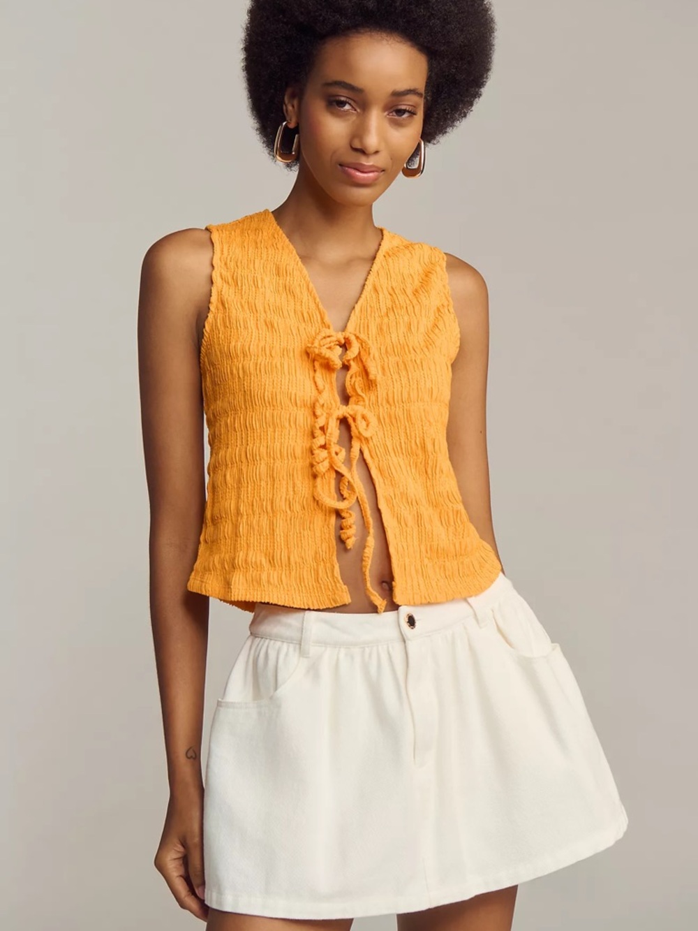 Anthropologie Bright Orange Textured Front-Tie Tank Top